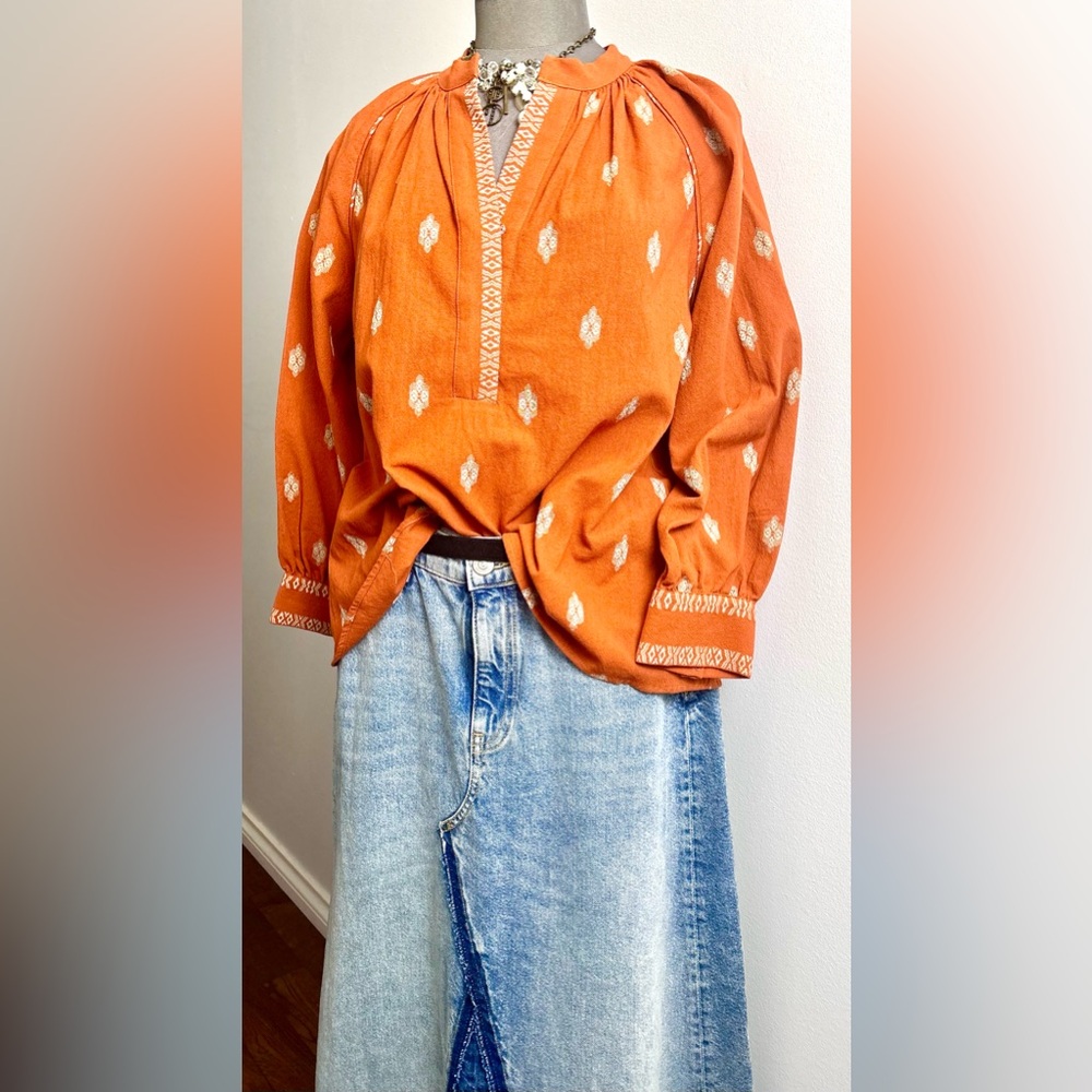 NWT Anthropologie 100%Cotton Terracotta Patterned Blouse Long Sleeve Bohemian